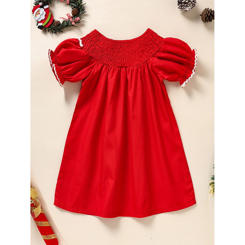 Toddler & Infant Girls Christmas Dress – Smocked Christmas Tree Embroidered Short Sleeve Party Dress