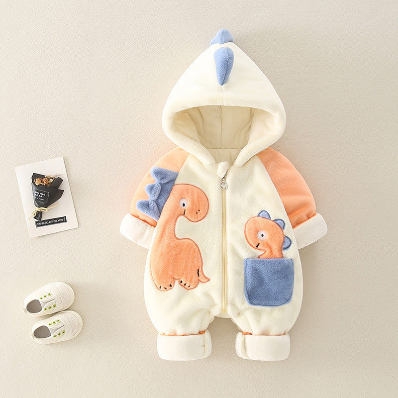 Newborn Baby Dino Fleece-Lined Thick Winter Jumpsuit