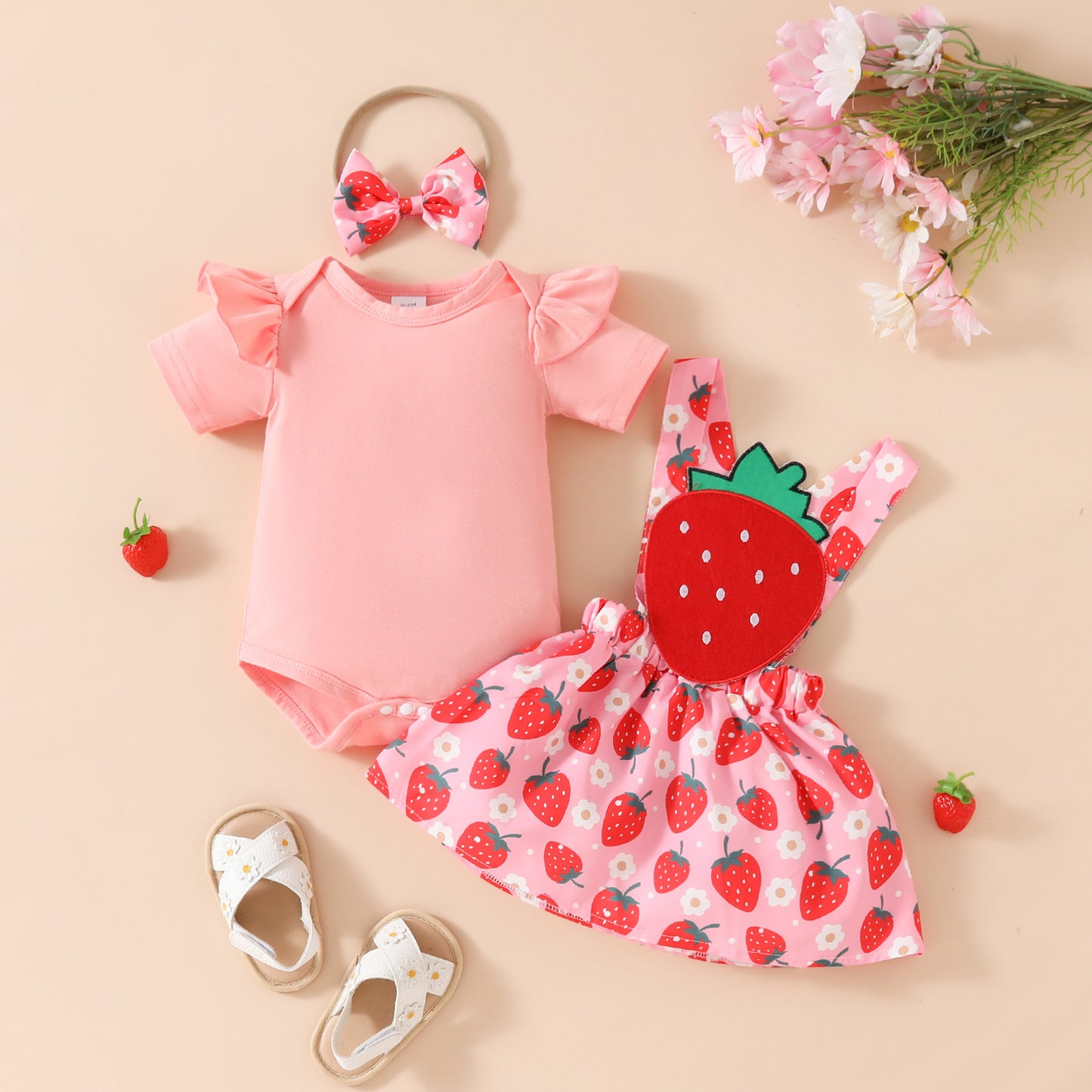 Baby Girl's Summer Short-sleeved Romper Wiot Suspender Skirt Floral Fruit Casual Skirt Suit