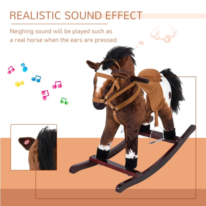 Plush Kids Rocking Horse Toy with Sounds, Wooden Base & Footrest – Ages 3+