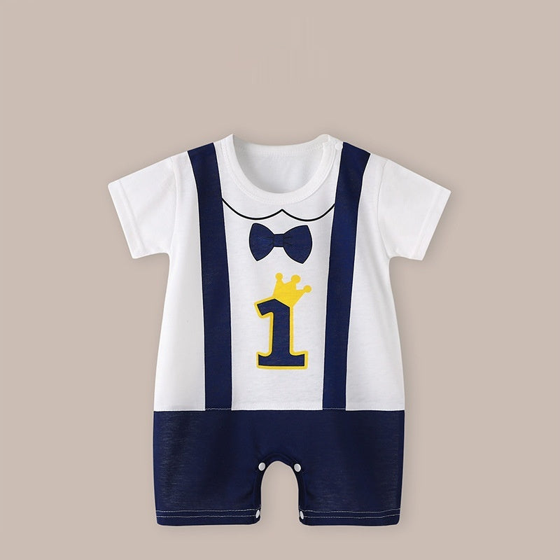 Cute Printed Baby Romper with Fake Suspender Design | Short Sleeve Newborn Outfit