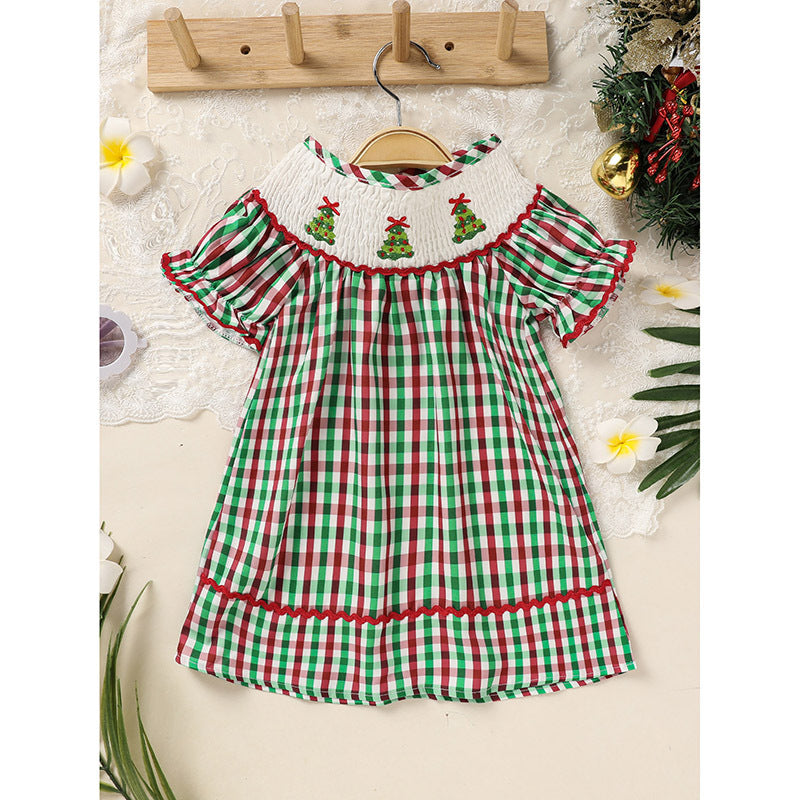 Baby & Toddler Girls Christmas Dress – Short Sleeve Plaid Party Dress with Embroidered Christmas Tree