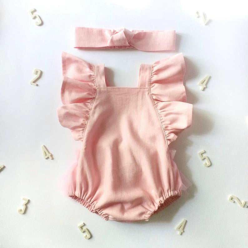Adorable Pure Color Mesh Ruffled Sleeve Bowknot Baby Romper for Stylish Comfort