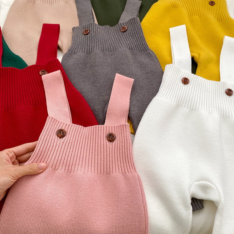 Solid Color Baby Autumn Knitted Suspender Jumpsuit Clothing