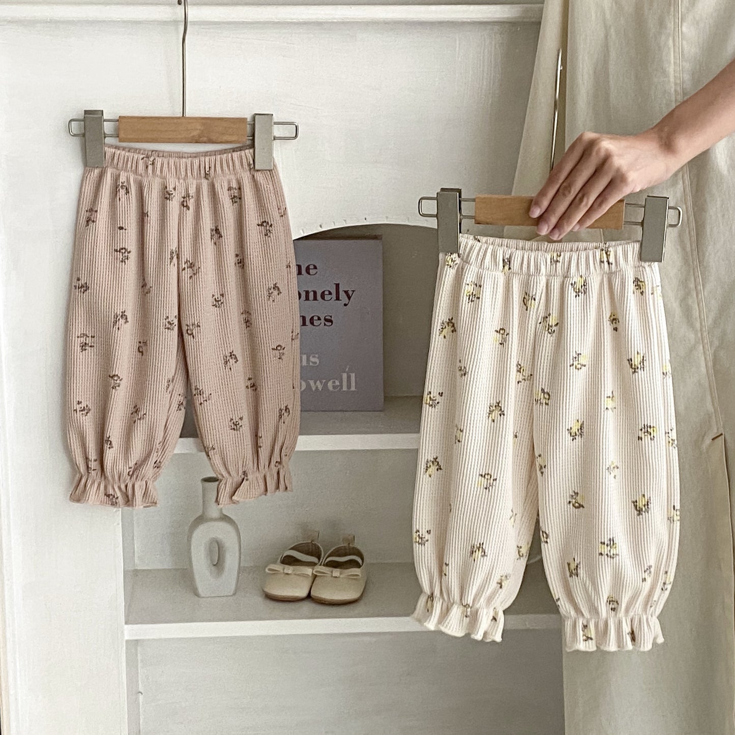 Baby Floral Waffle Print Elastic Cord Ankle-Tied Trousers