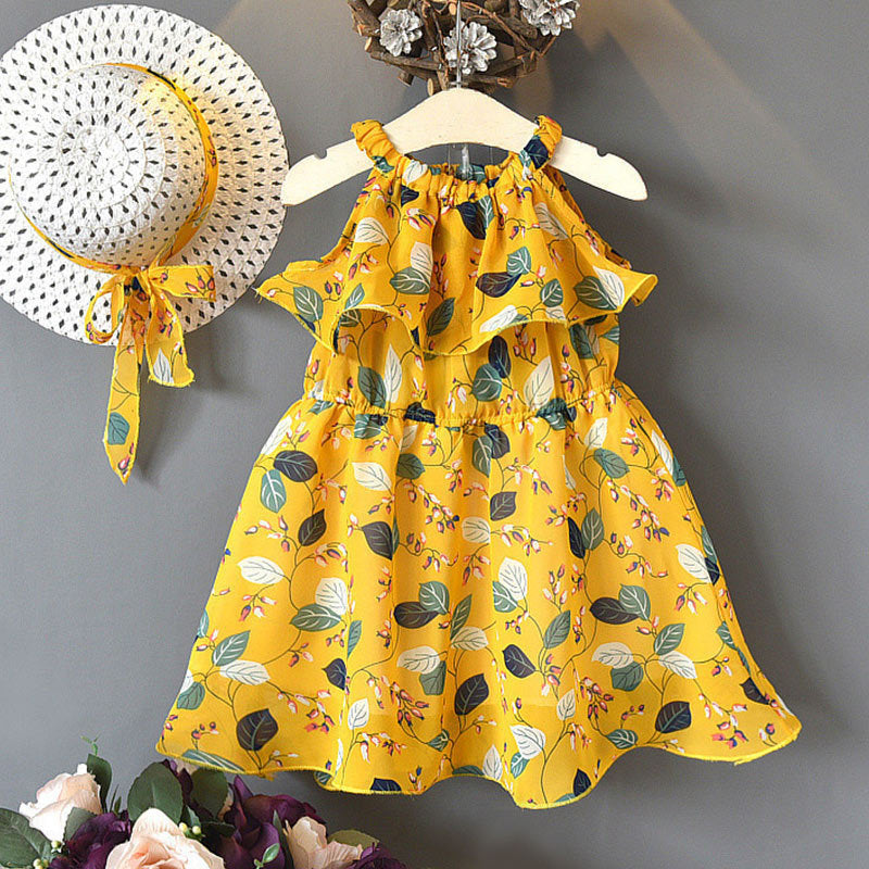 Bohemian Holiday: Sleeveless Leaf Chiffon Dress for Girls