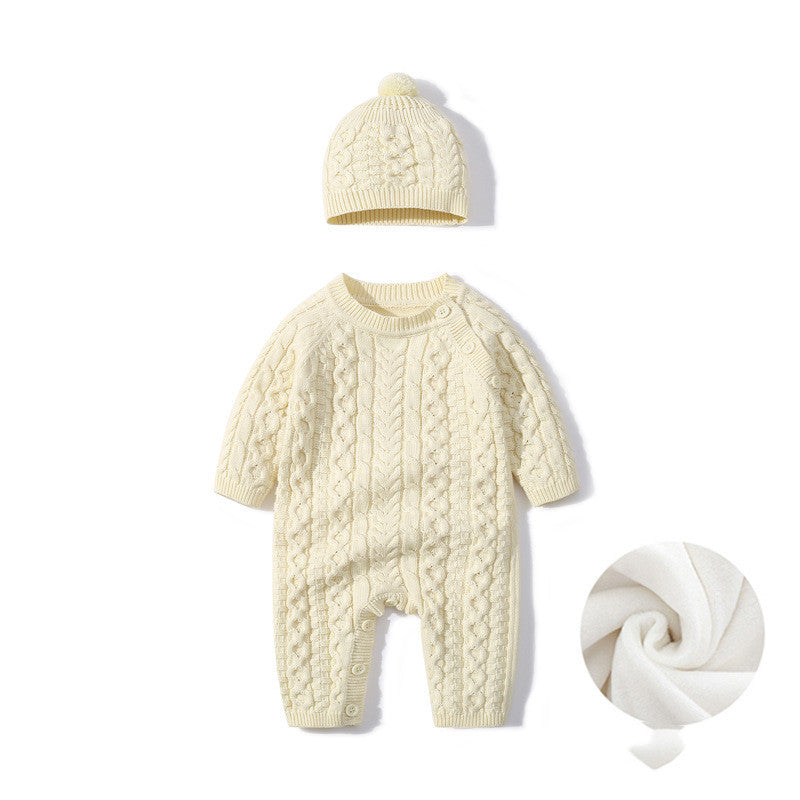 Autumn & Winter Knitted Long Sleeve Romper with Matching Knitted Hat for Babies