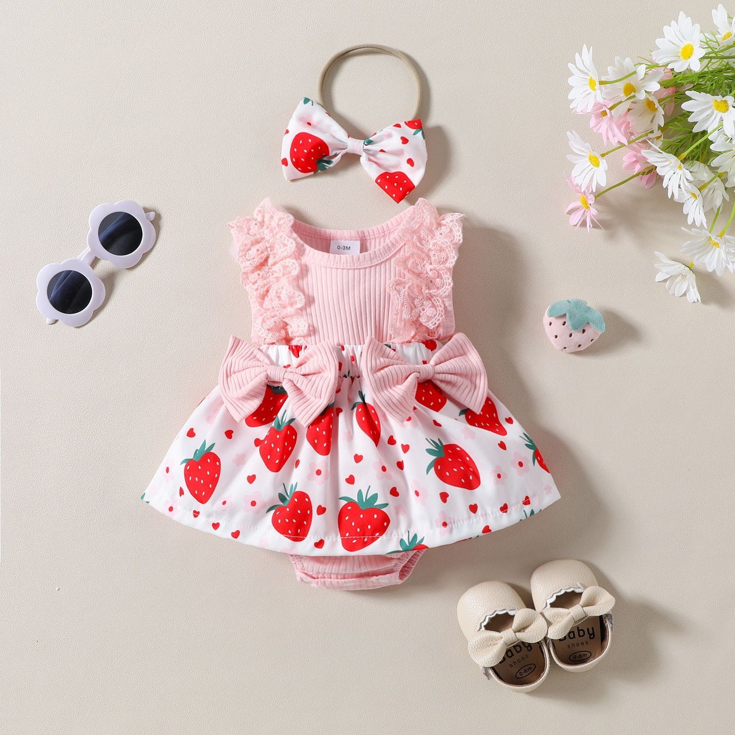 Adorable Infant Toddler Strawberry Print Bow Sleeveless Summer Romper