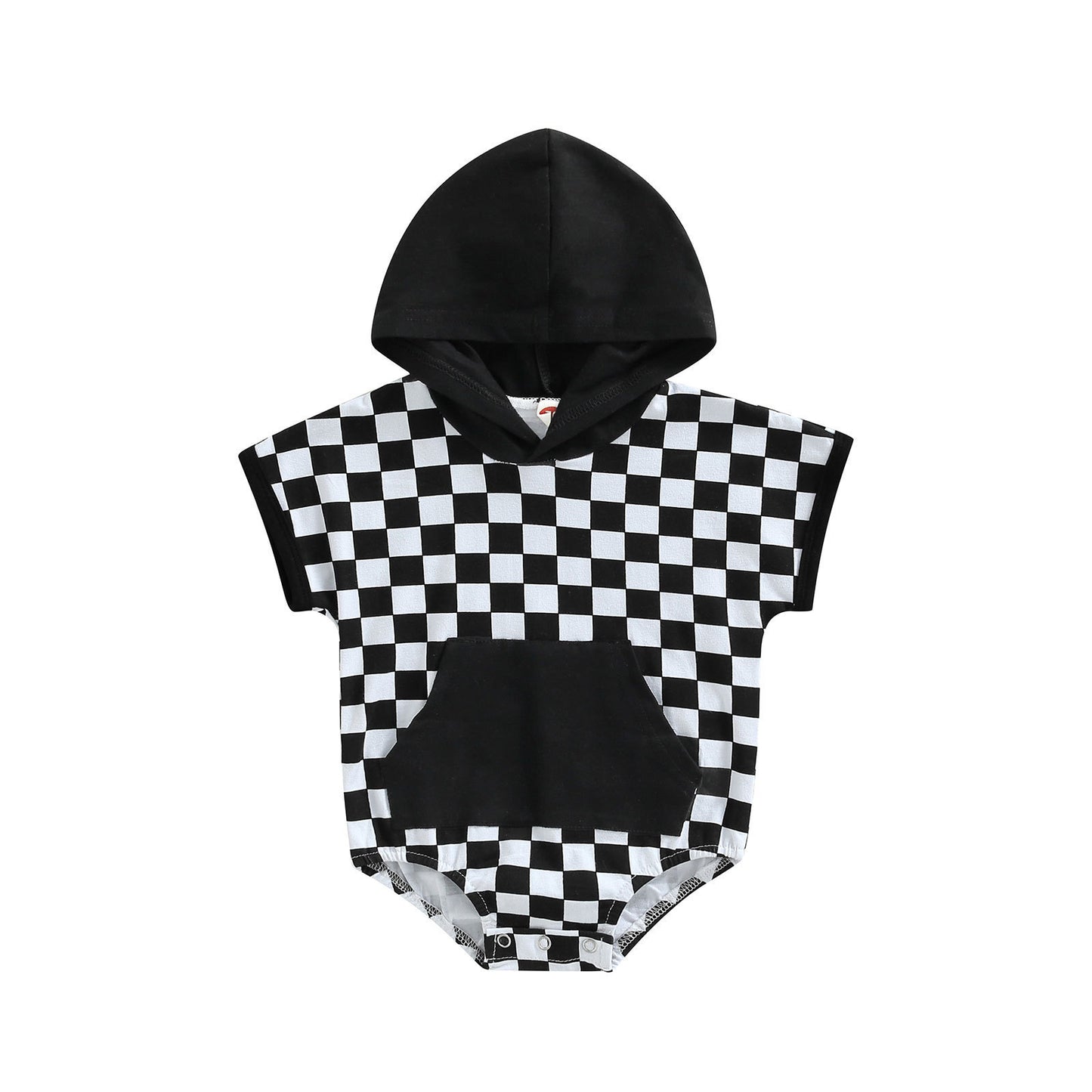 Chessboard Plaid Short Sleeve Hooded Romper: Stylish Comfort for Your Little One