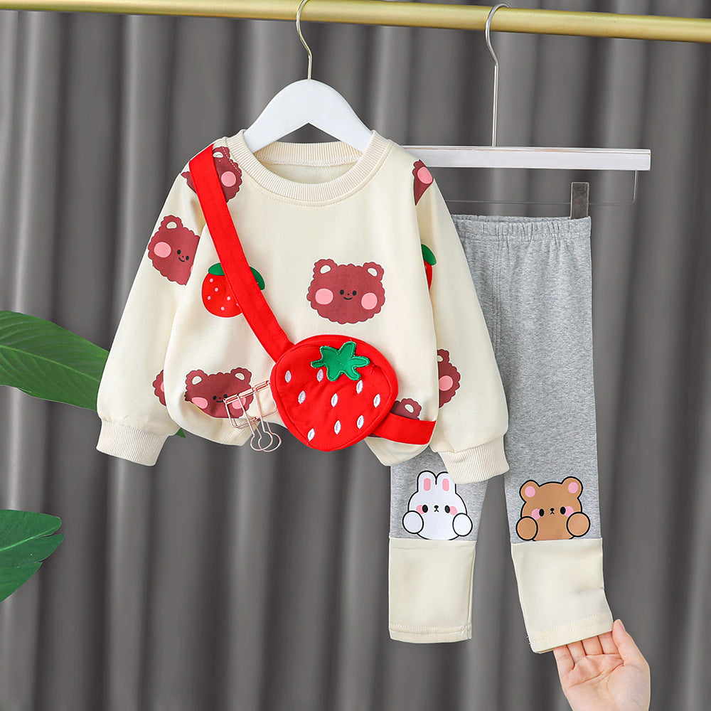 Baby Girl's Animal Printed Sling Bag Design Western Style Autumn Suit