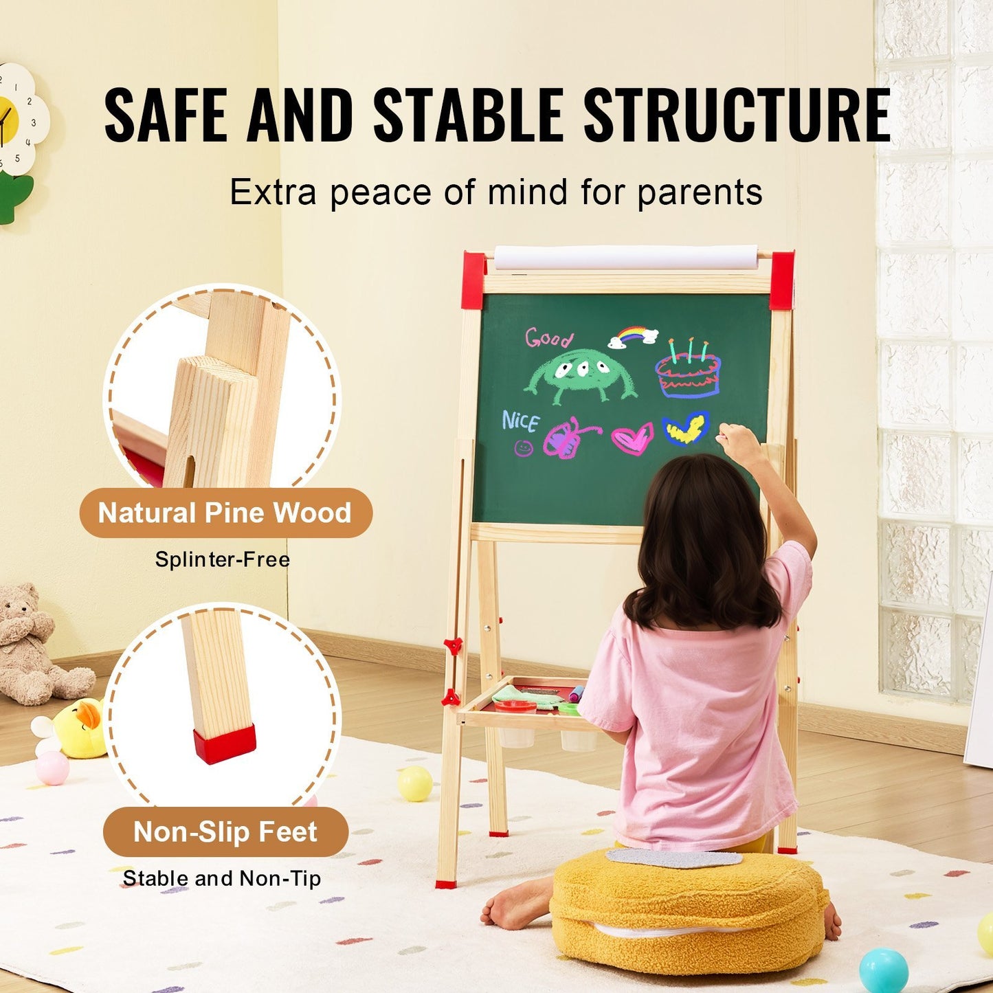3-in-1 Kids Art Easel – Double-Sided Wooden Easel with Magnetic Whiteboard & Chalkboard
