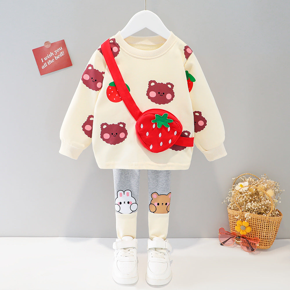 Baby Girl's Animal Printed Sling Bag Design Western Style Autumn Suit