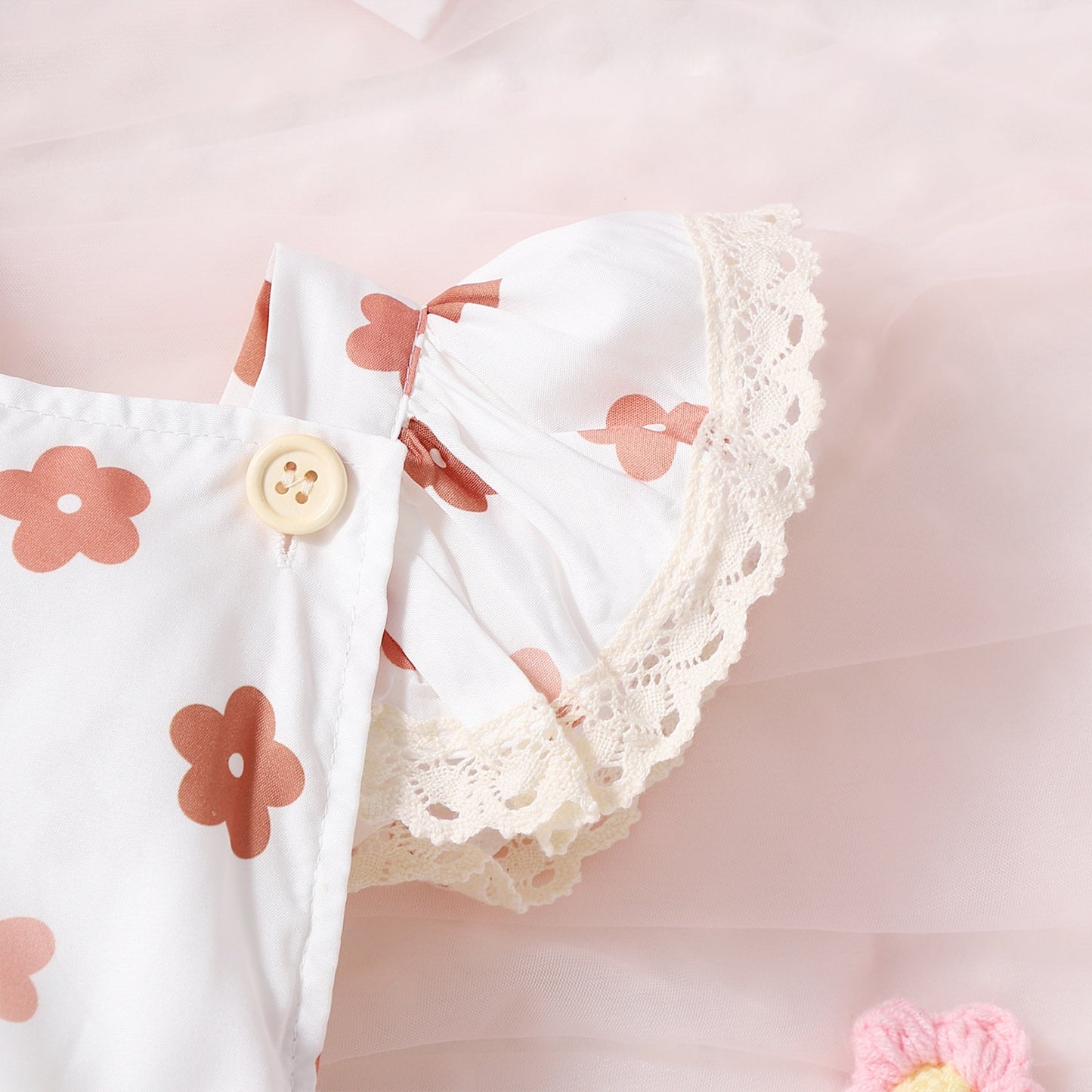 Adorable Baby Girl Lace Flounced Sleeve Printed Triangle Rompers