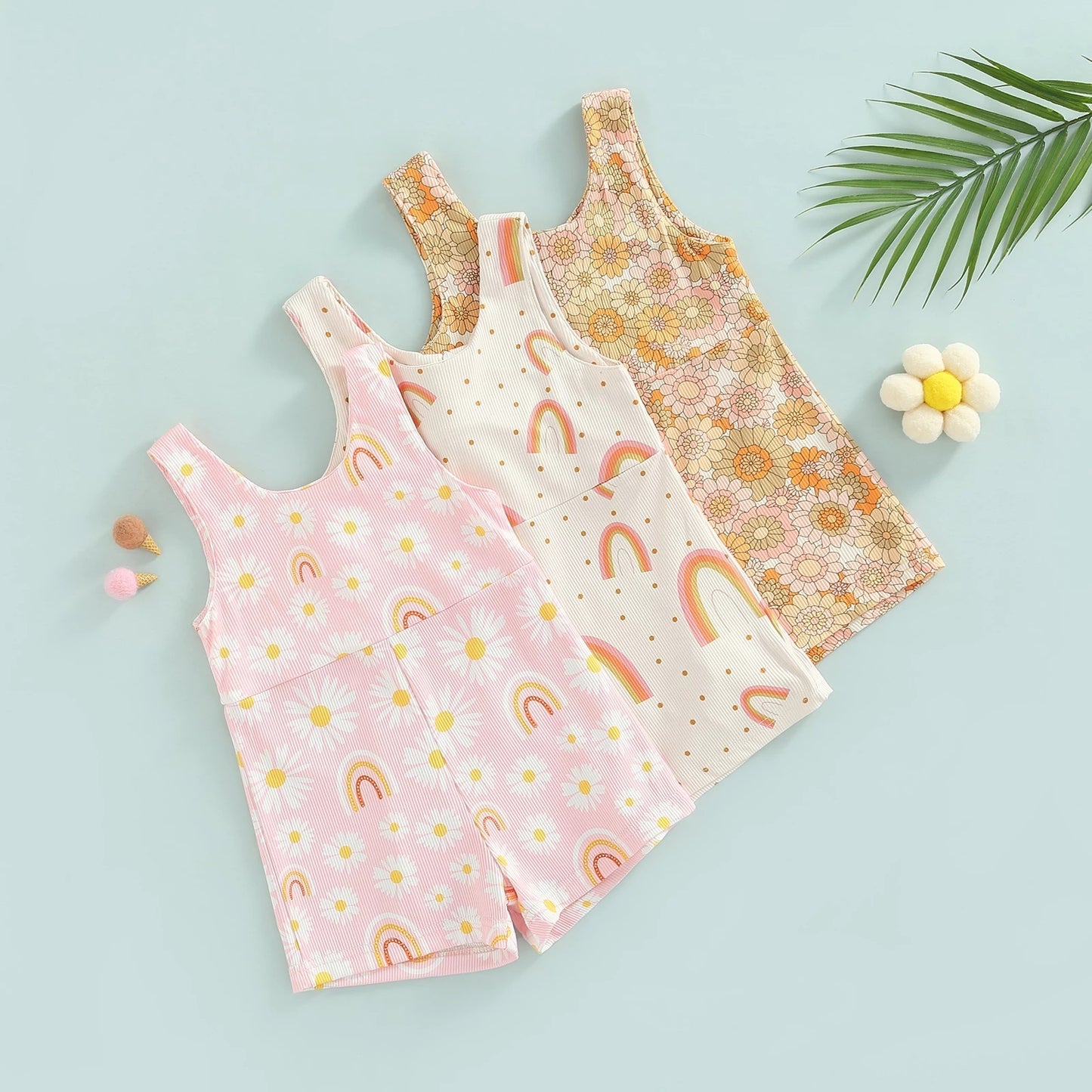 Colorful Sleeveless Printed Rainbow Sunken Stripe Flower Jumpsuit