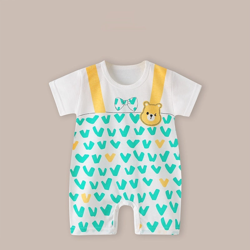Cute Printed Baby Romper with Fake Suspender Design | Short Sleeve Newborn Outfit