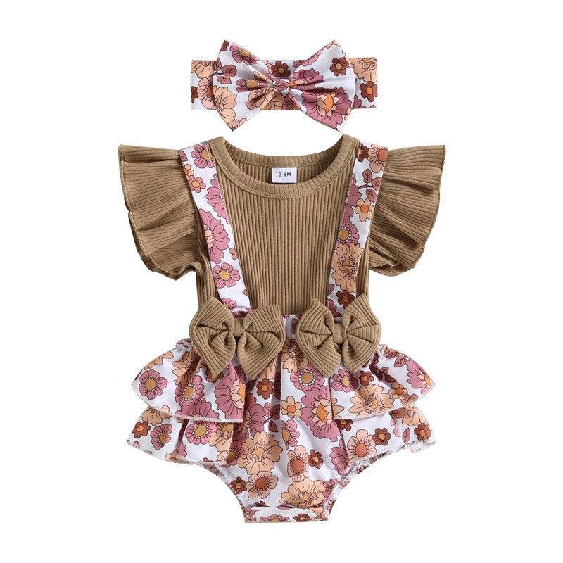 Baby Floral Ruffle Sleeve Bow Strap One-piece Romper