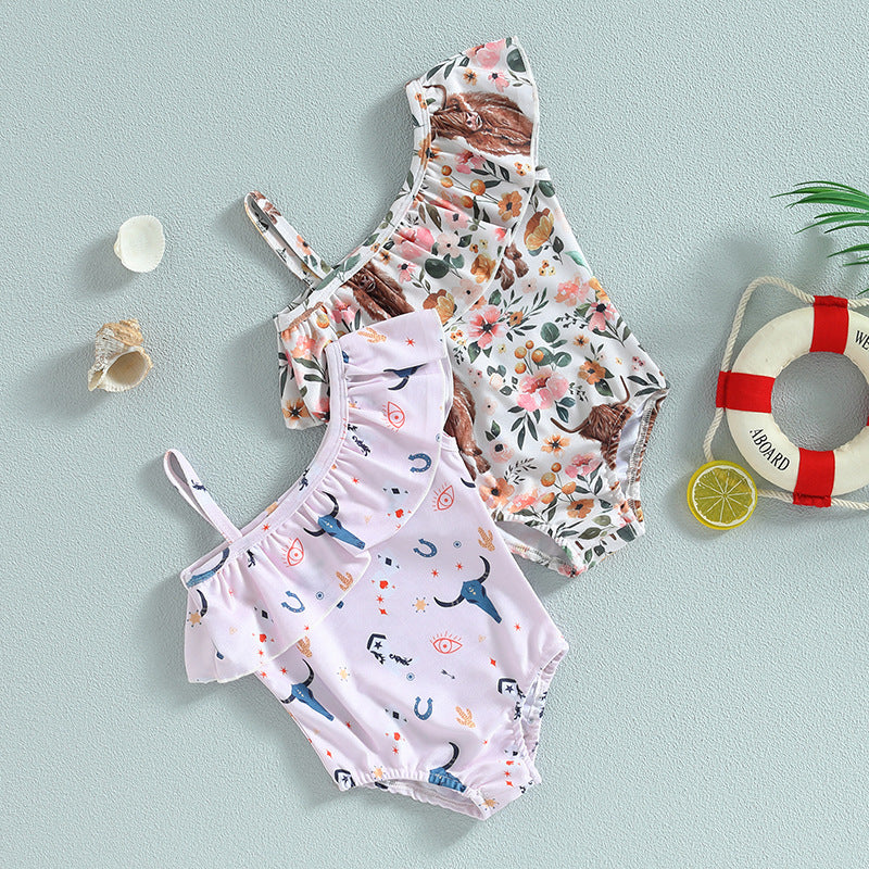 Girls One-Shoulder Bull Head Print Swimsuit
