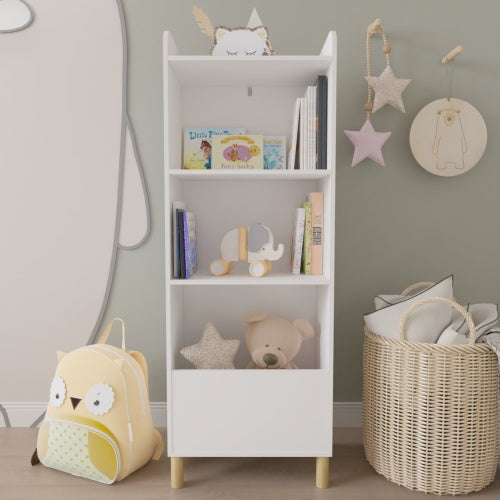 Kids 4-Tier Wooden Bookcase – Multi-Purpose Storage Shelf with Wall Safety Buckle