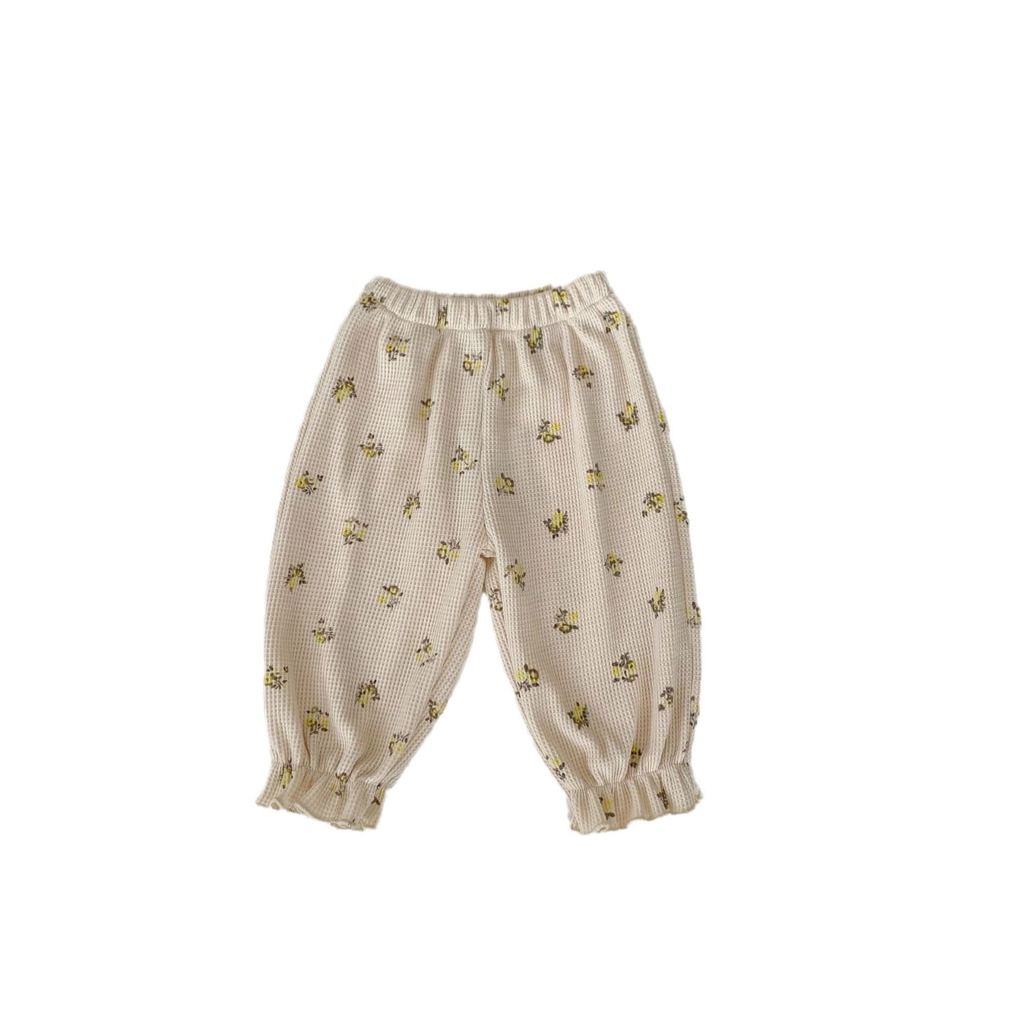 Baby Floral Waffle Print Elastic Cord Ankle-Tied Trousers