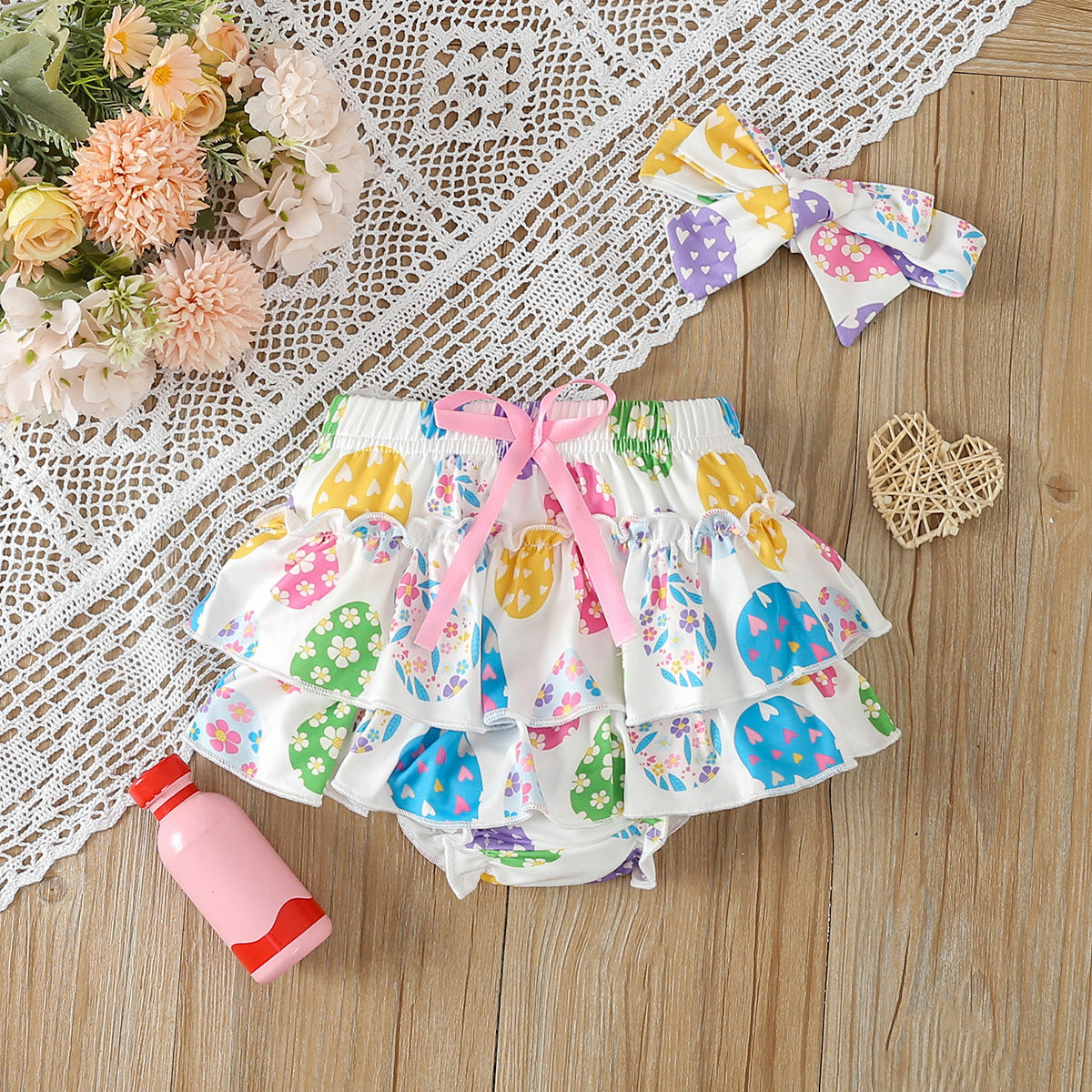 Adorable Baby Girl's Short-Sleeved Printed Romper with Colorful Skirt and Headband Set