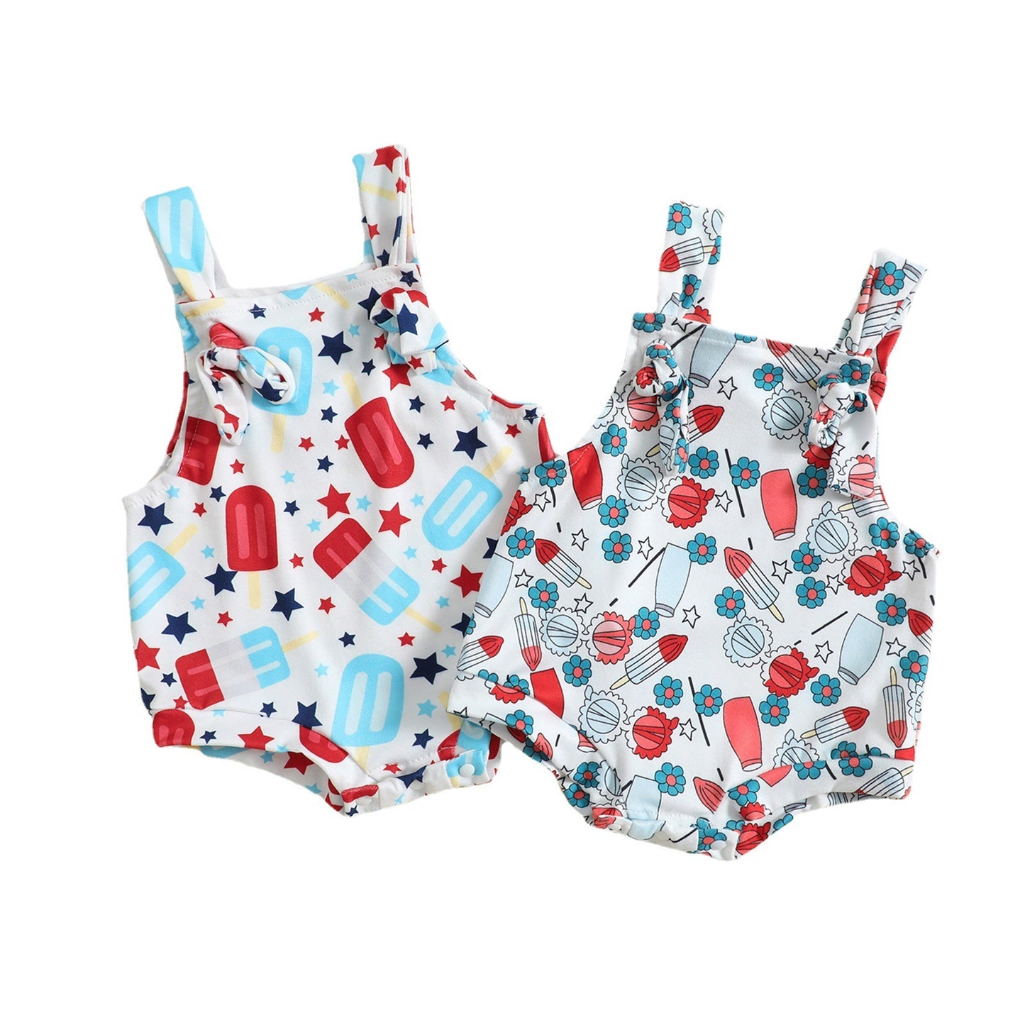 Adorable Baby Ice Cream Printed Front Knotted Suspender Romper