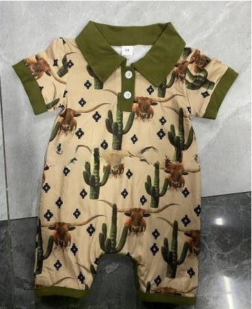 Boy's Western Element Printed Short Sleeve Rompers: Trendy and Comfortable