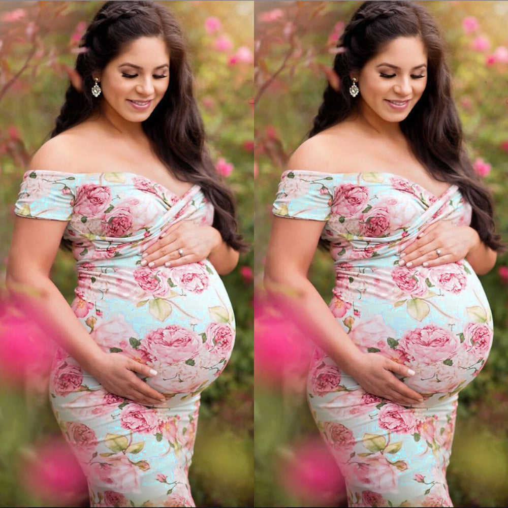 Elegant Floral Cross V-Neck Off-Shoulder Plus Size Maternity Dress