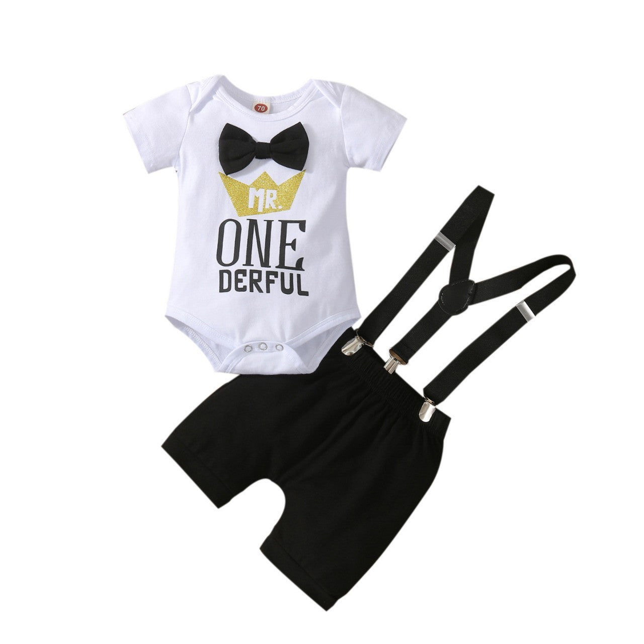 Cute Baby Romper with Bow Tie & Suspender Pants - Adorable Printed Outfit