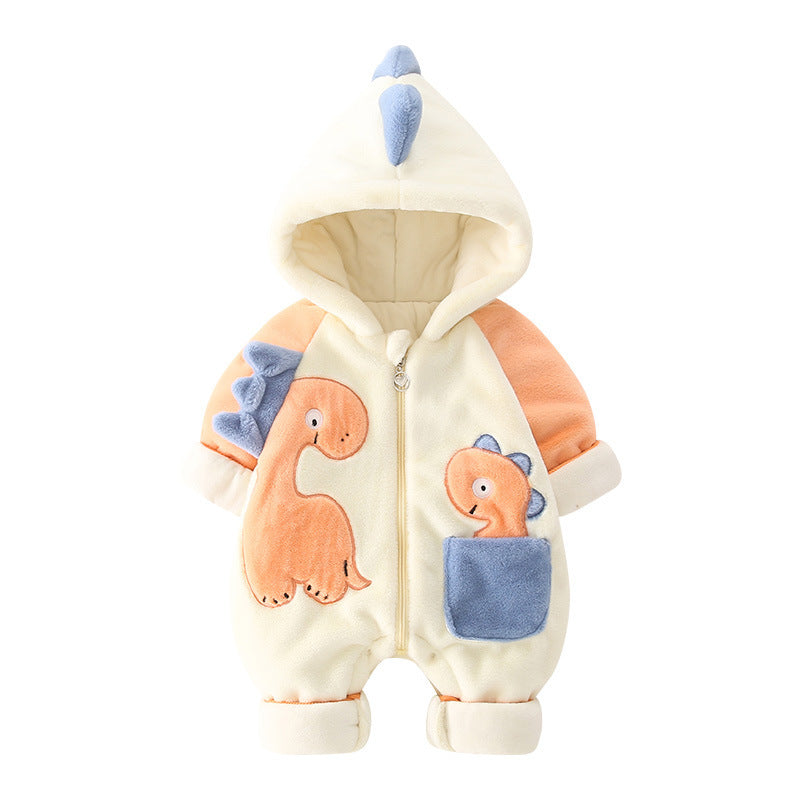 Newborn Baby Dino Fleece-Lined Thick Winter Jumpsuit