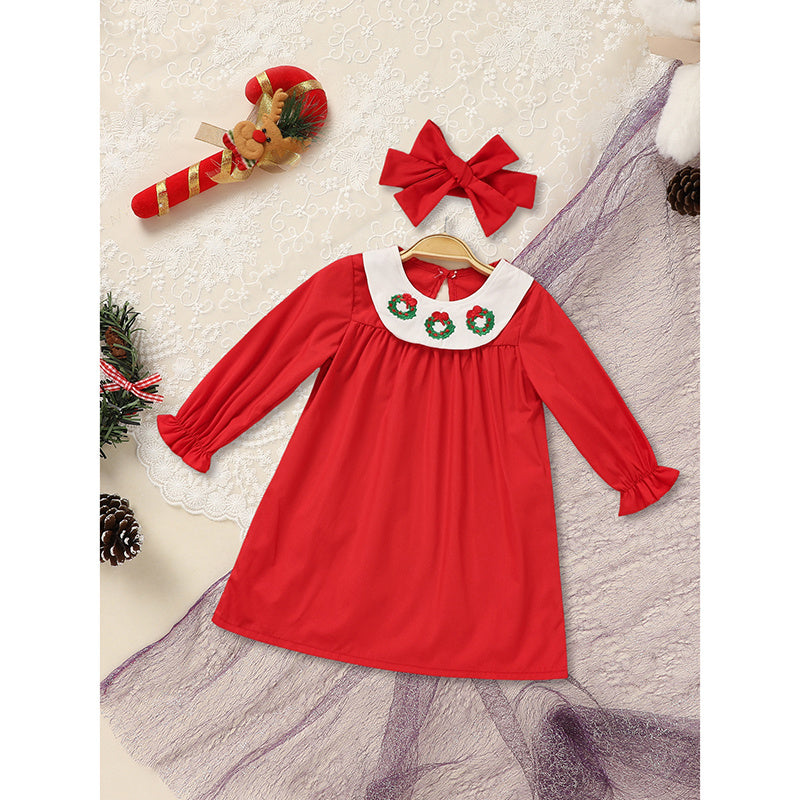Baby & Toddler Girls Christmas Dress – Embroidered Christmas Wreath Party Dress with Matching Headband