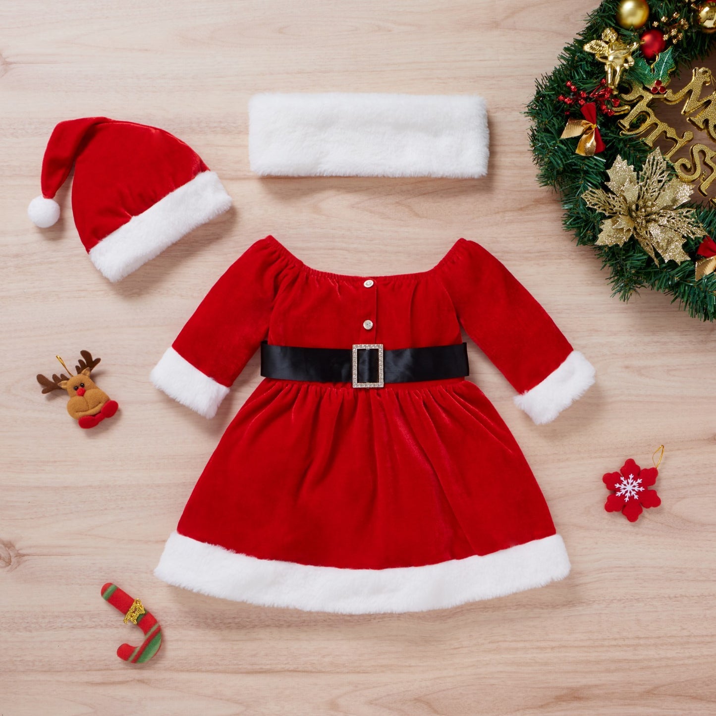 Baby & Toddler Girls Christmas Outfit Set – 100% Cotton Red Dress with Hat & Scarf (6–12M to 3–4Y)
