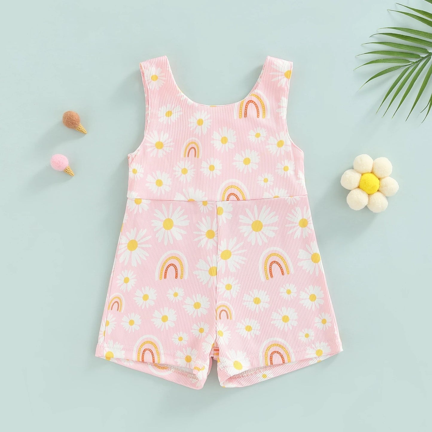Colorful Sleeveless Printed Rainbow Sunken Stripe Flower Jumpsuit
