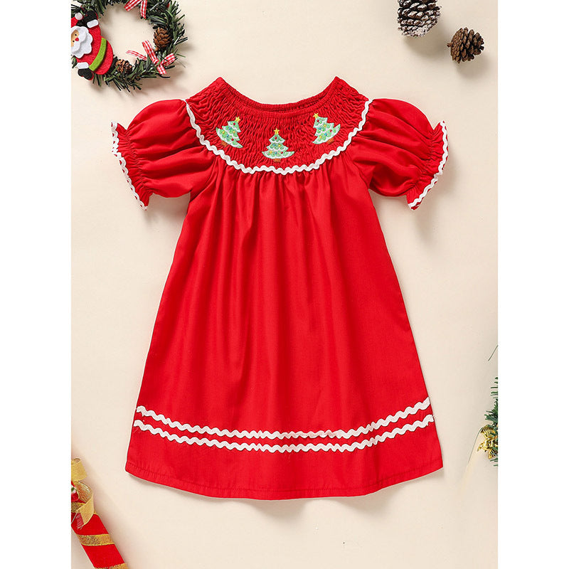 Toddler & Infant Girls Christmas Dress – Smocked Christmas Tree Embroidered Short Sleeve Party Dress