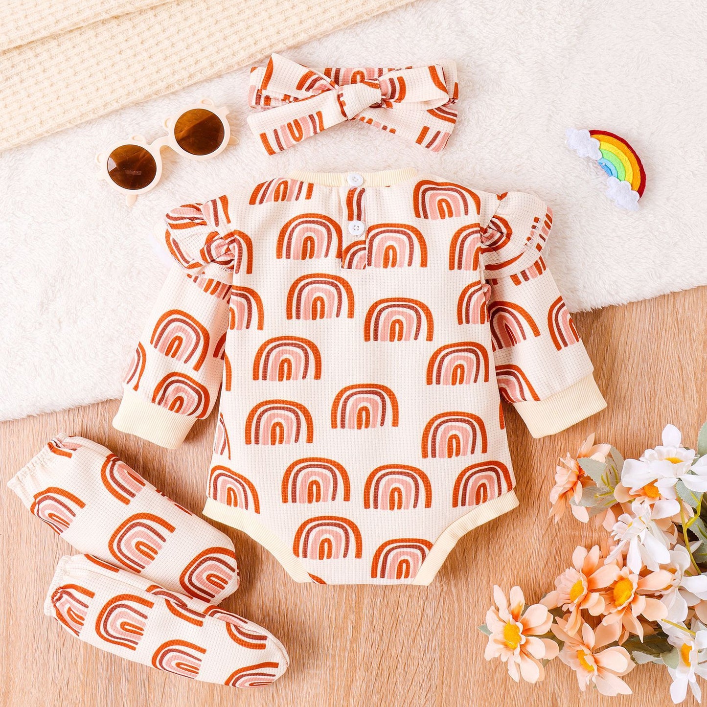Colorful Children's Rainbow Printing Jumpsuit Suit with Headscarf and Booties - Three-piece Set