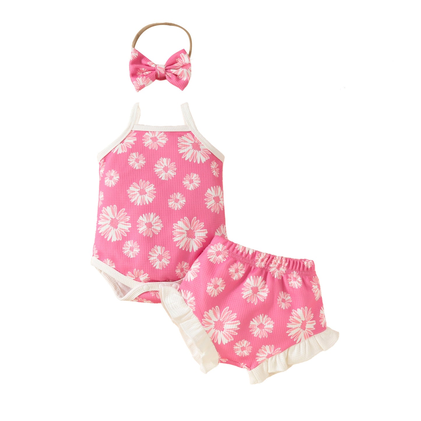 Stylish Floral Printed Waffle Spaghetti Strap Romper & Ruffled Shorts Set