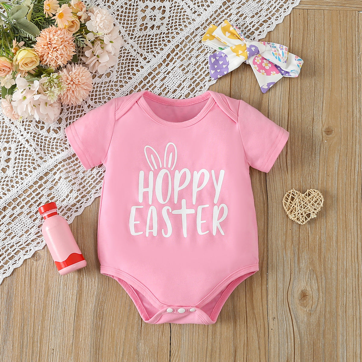 Adorable Baby Girl's Short-Sleeved Printed Romper with Colorful Skirt and Headband Set