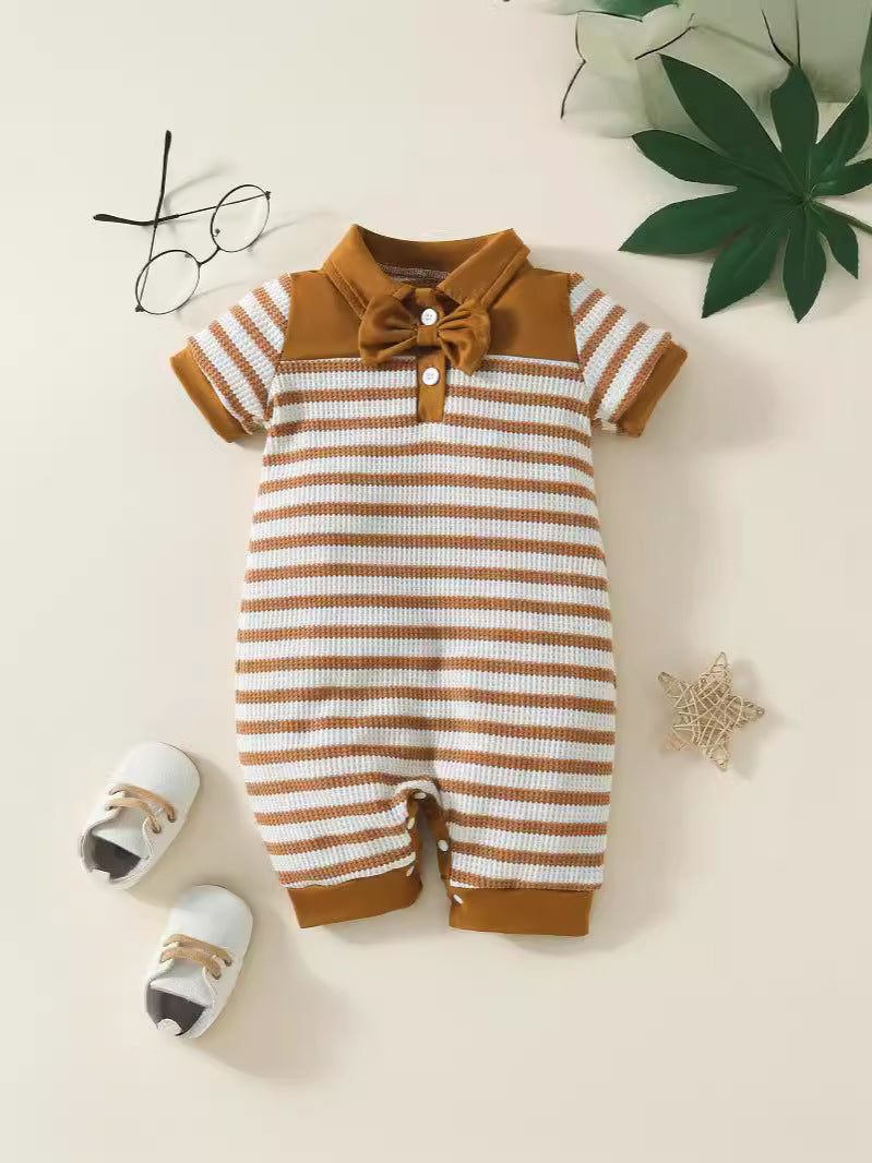 Stylish Baby Boy Waffle Stripe Short Sleeve Rompers | Fashionable Infant Wear