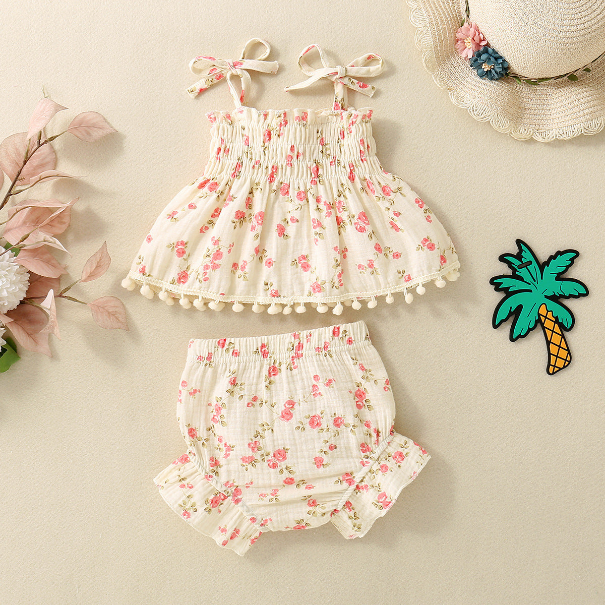 Adorable Baby Girl Floral Print Spaghetti Strap Pom Pom Lace Dress and Short Set