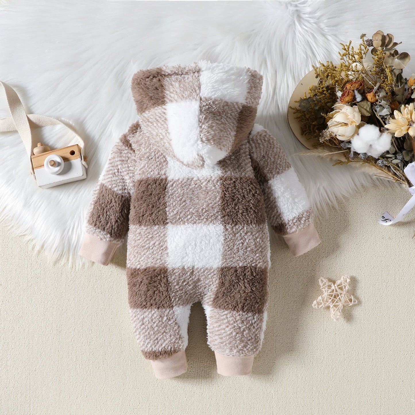 Cozy Baby Plaid Hooded One-Piece Winter Clothing Jumpsuit