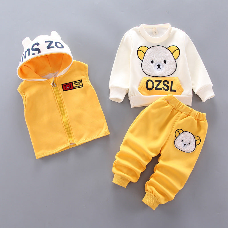 Adorable Baby Printed Hooded Sleeveless Vest Sweater and Trouser Set: Perfect for Your Little One's Comfort and Style