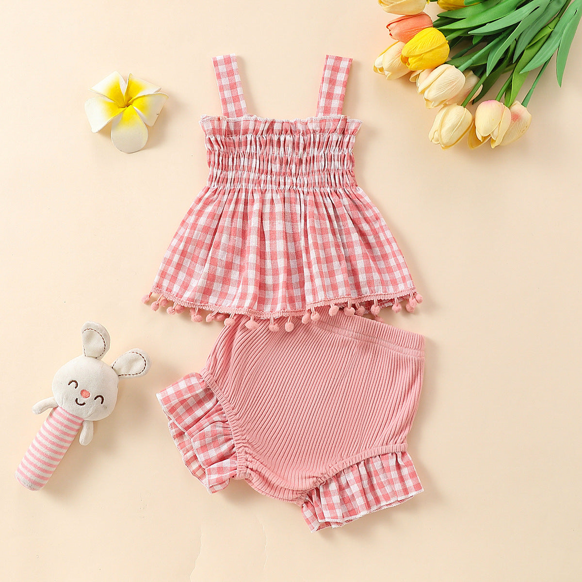 Charming Baby Girl Plaid Design Pom Pom Lace Dress and Short Set