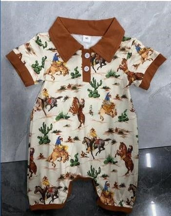 Boy's Western Element Printed Short Sleeve Rompers: Trendy and Comfortable