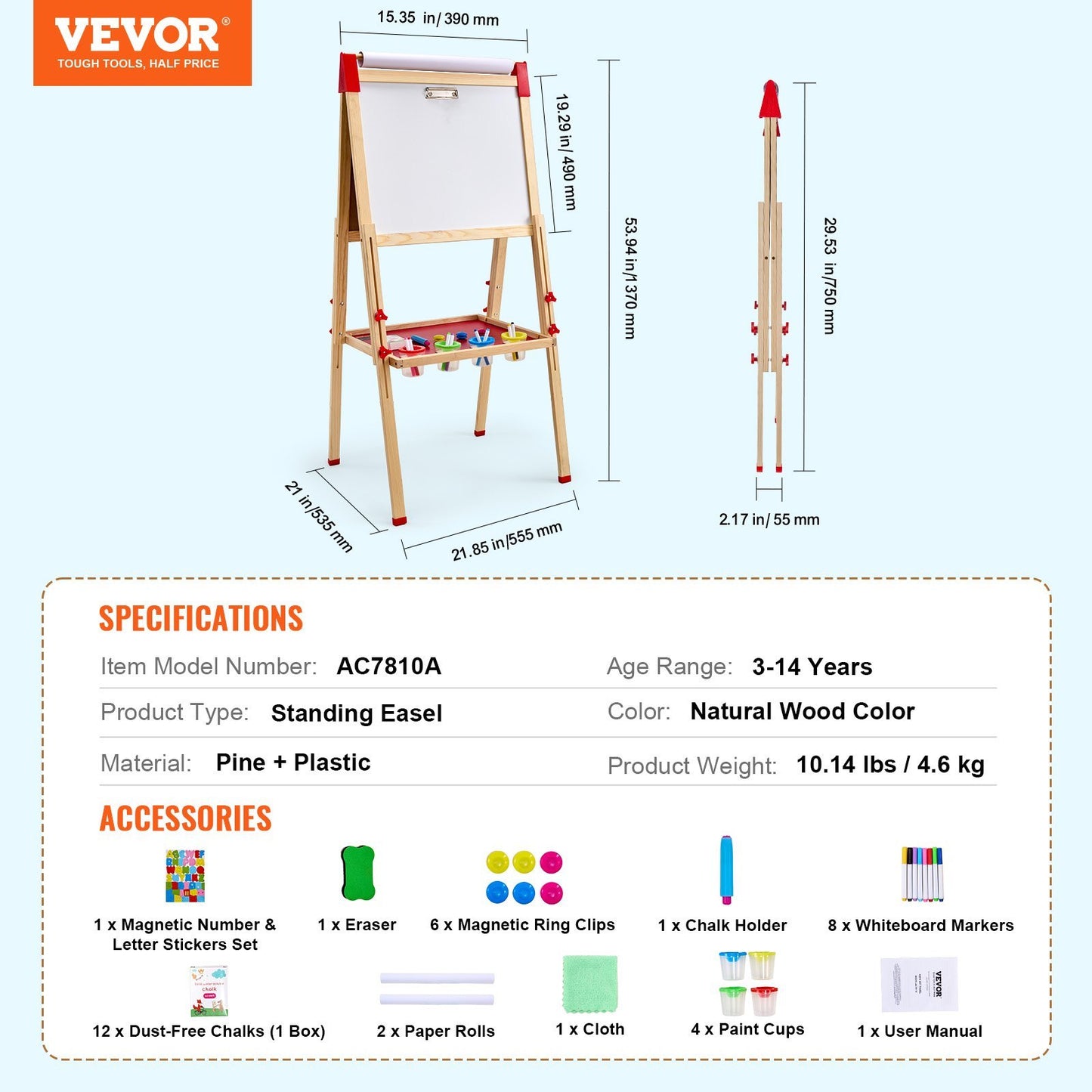 3-in-1 Kids Art Easel – Double-Sided Wooden Easel with Magnetic Whiteboard & Chalkboard