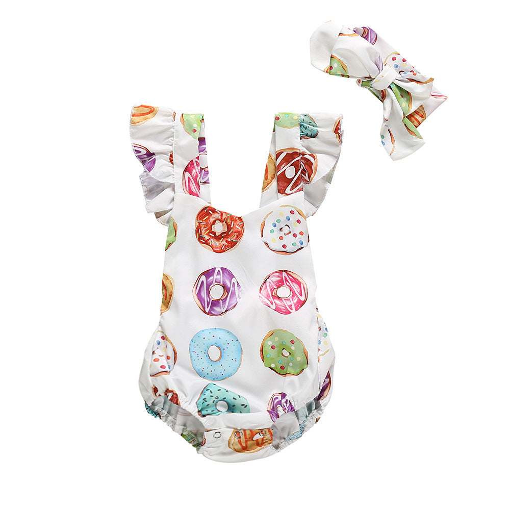 Sweet Style Alert: Girls' Donut Printed Ruffled Sleeve Romper With Headband Set