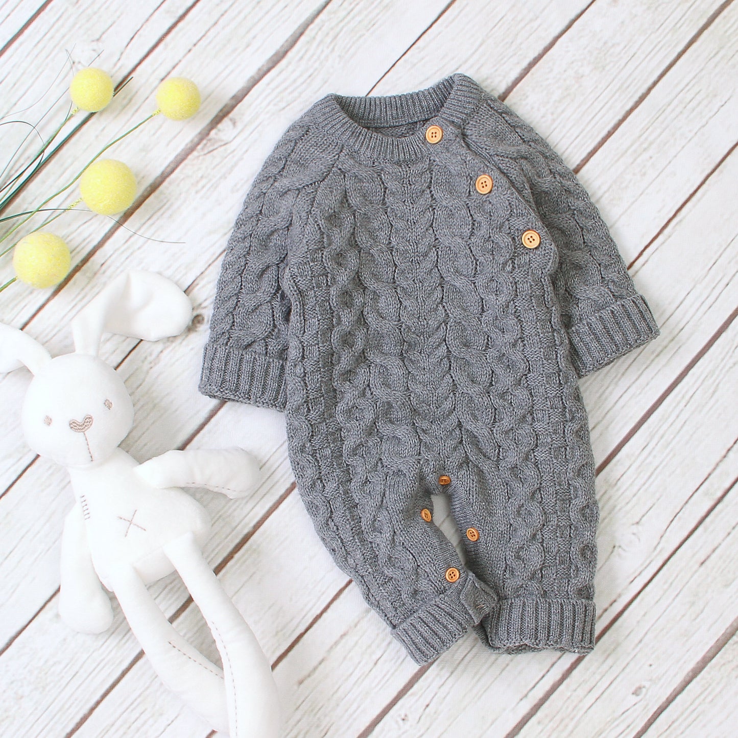 Cozy and Stylish: Knitted Solid Color Baby Jumpsuit for Comfortable Wear