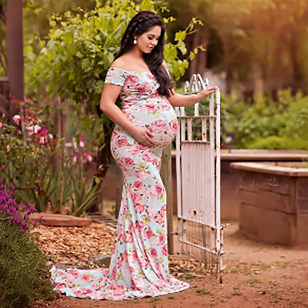 Elegant Floral Cross V-Neck Off-Shoulder Plus Size Maternity Dress