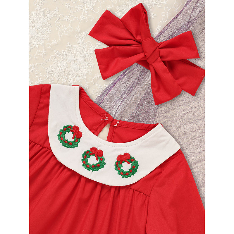 Baby & Toddler Girls Christmas Dress – Embroidered Christmas Wreath Party Dress with Matching Headband