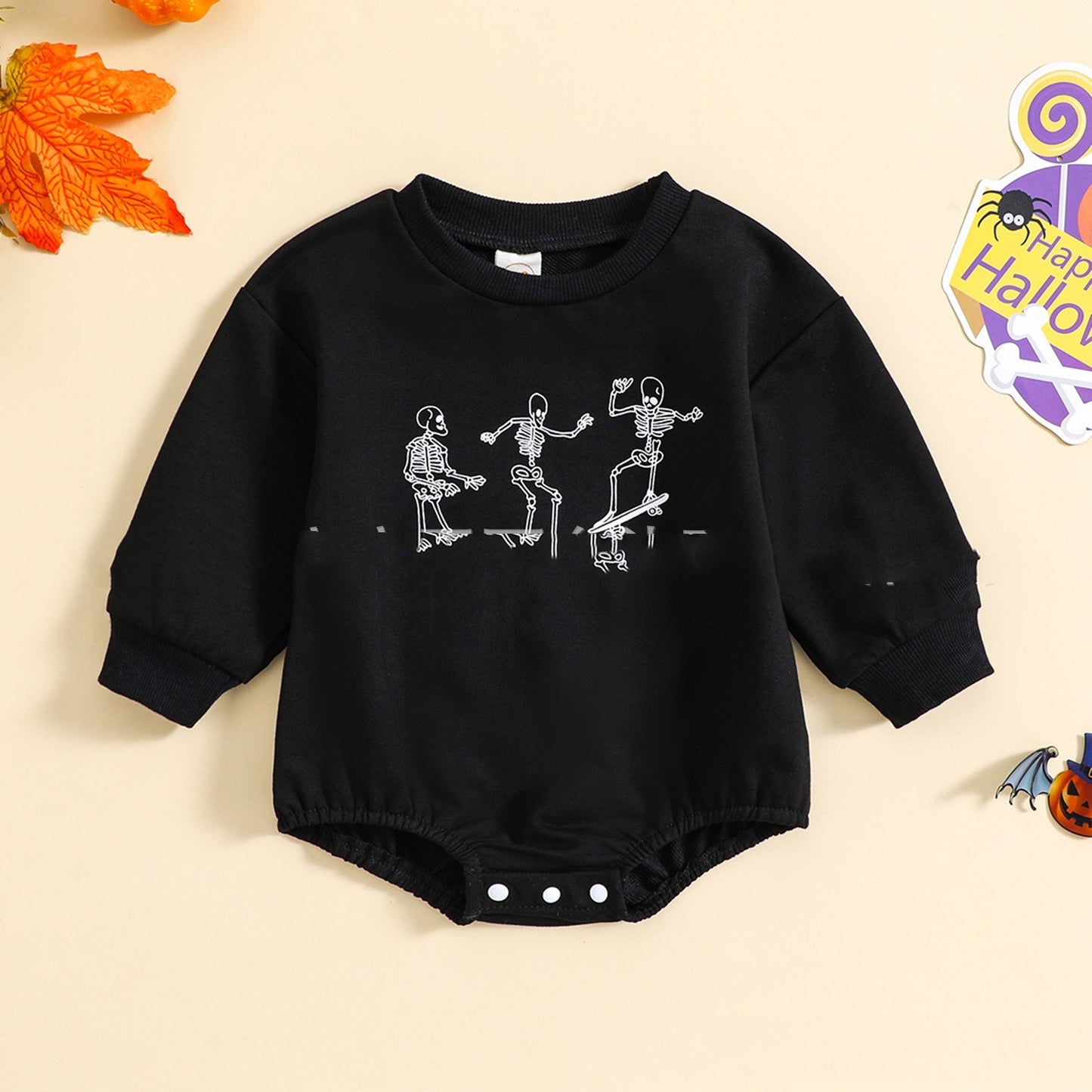 Skeleton Print Solid Color Newborn One-piece Sweater Romper: Warmth with a Spooky Twist