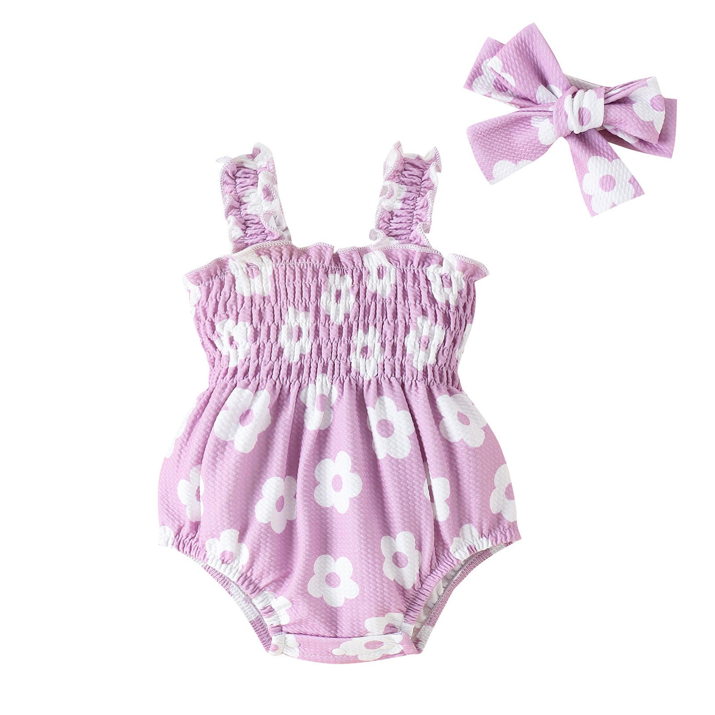 Summer Chic: Floral Printed Romper with Bow Headband for Babies