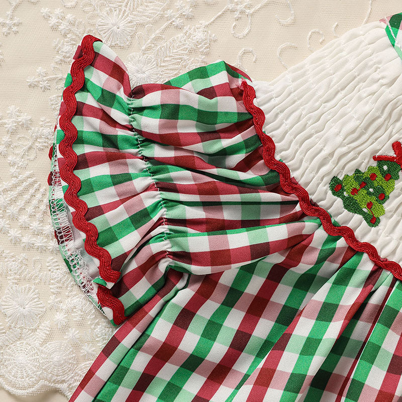 Baby & Toddler Girls Christmas Dress – Short Sleeve Plaid Party Dress with Embroidered Christmas Tree